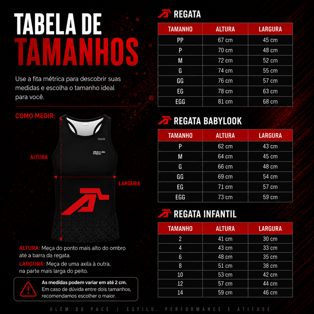 Tabela de Medidas Regatas